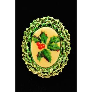 Tancer II Christmas Pin Brooch Holiday Red Berry Mistletoe Gold Signed BinAL
